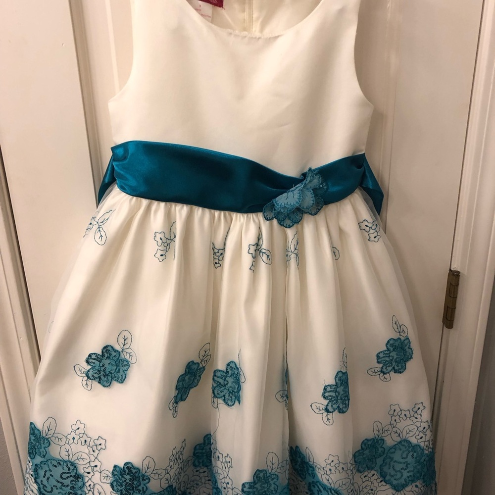 Elegant White and Teal Kids Dress